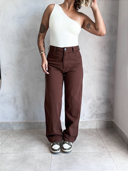 JEANS WIDE LEG BIA MARROM