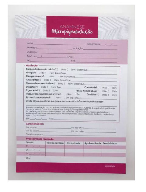 Ficha de Anamnese Micropigmentação - 50 folhas