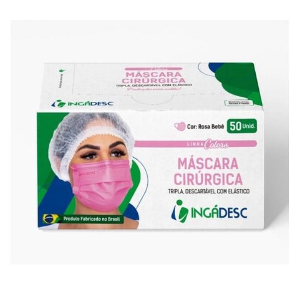 Máscara Tripla Descartável Com Elástico Ingádesc - 50 Unidades Rosa