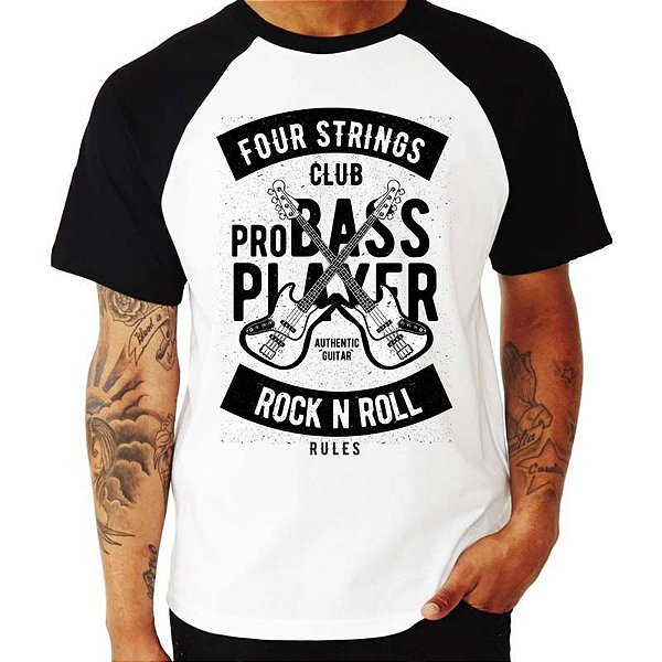 Camiseta Raglan branca com manga curta e preta masculina Four Strings Club