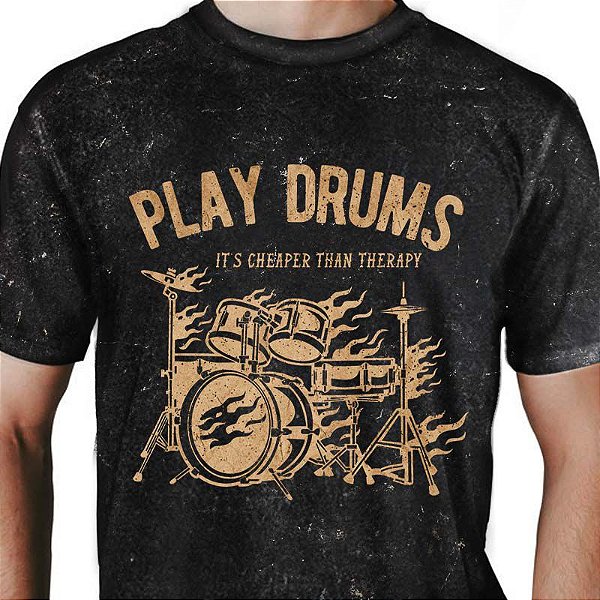 Camiseta Marmorizada masculina preta de mangas curtas Play Drums | 100%  Algodão - Vintage Way | Old School Rules