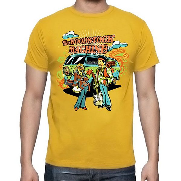Camiseta Premium Roquenrou masculina mostarda de mangas curtas Hendrix n Joplin Woodstock Machine