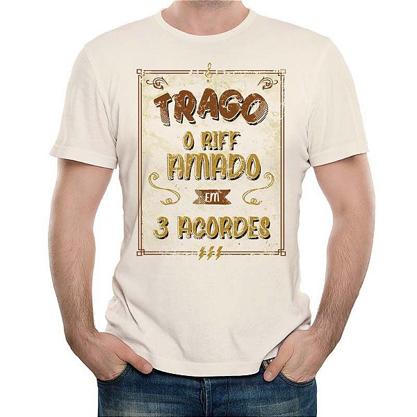 Camiseta Premium Roquenrou masculina off white de mangas curtas trago o riff amado