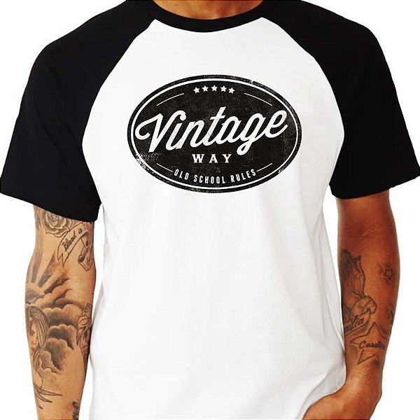 Camiseta Raglan branca com manga curta e preta masculina Vintage Way