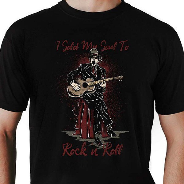 Camiseta Premium Roquenrou masculina preta de mangas curtas I Sold My Soul to Rock n Roll