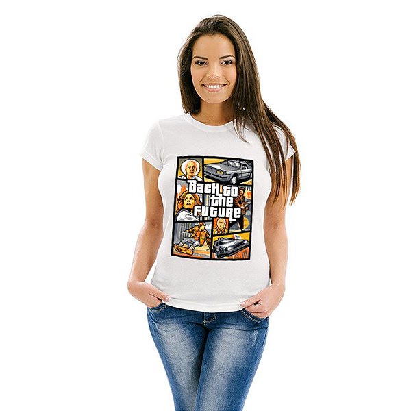 Camiseta Premium Feminina Branca de mangas curtas GTA De Volta Para o Futuro