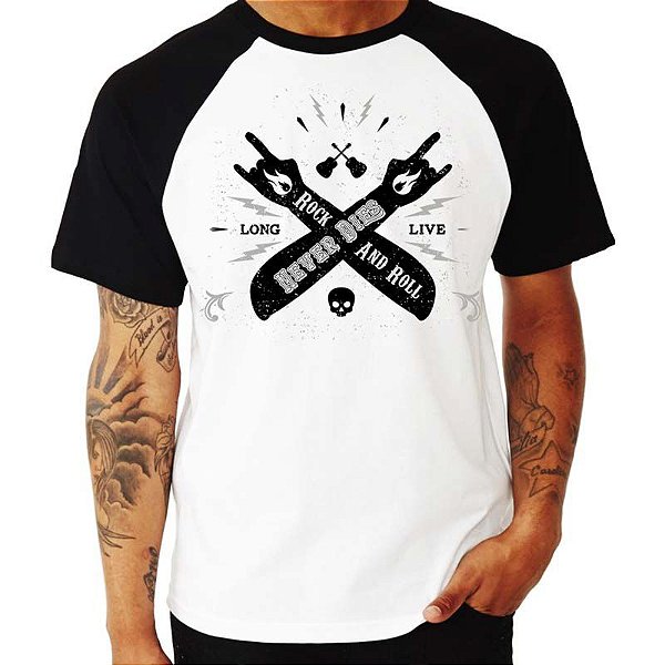 Camiseta Raglan branca com manga curta e preta masculina Rock Never Dies