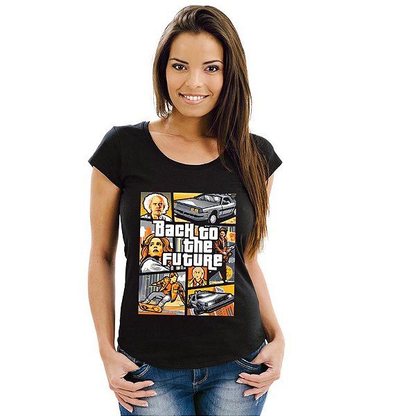 Camiseta Premium Feminina Preta de mangas curtas GTA De Volta Para o Futuro