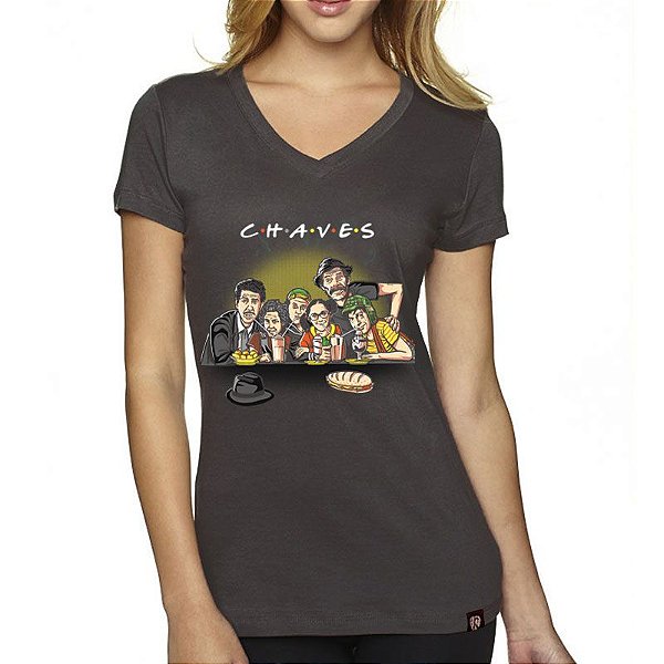 Camiseta Premium feminina Cinza de mangas curtas Chaves Friends