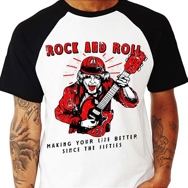 Camiseta Raglan branca com manga curta e preta masculina Rock and Roll Propaganda Retro