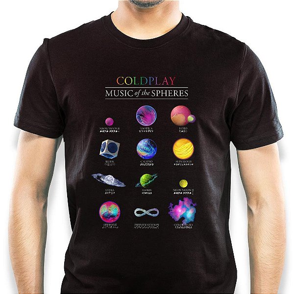 Camiseta Coldplay Music Of The Spheres com manga curta tamanho adulto na cor preto