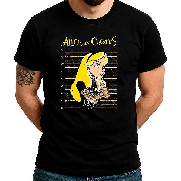 Camiseta rock premium Alice in Jail tamanho adulto com mangas curtas na cor preta