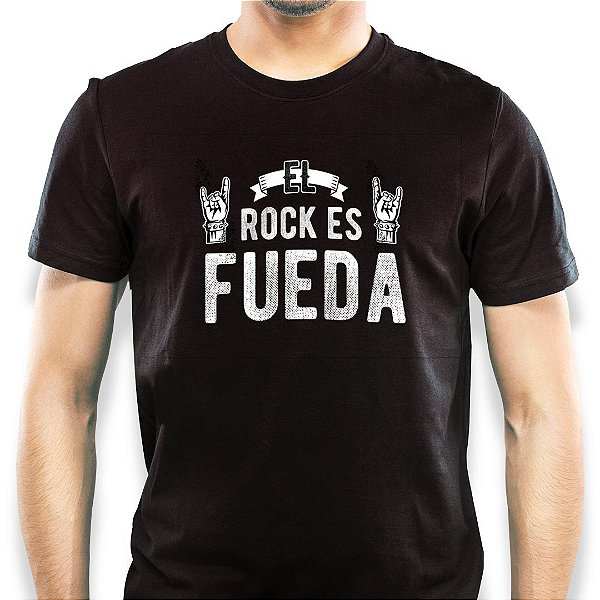 Camiseta Rock Es Fueda tamanho adulto com mangas curtas na cor preta