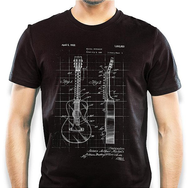 Camiseta Premium rock Violão Patente com mangas curtas na cor preta