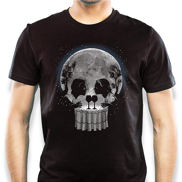 Camiseta Casal Caveira masculina com mangas curtas na cor preta