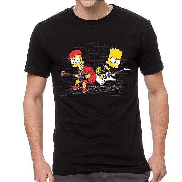 Camiseta rock Bart Simpsons Duelo de Guitarras tamanho adulto com mangas curtas na cor preta