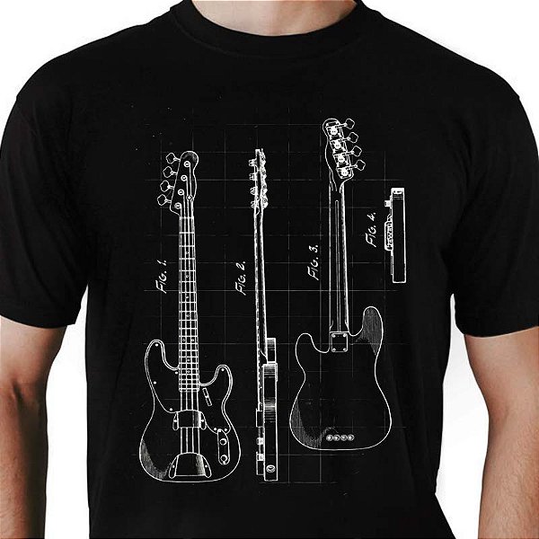 Camiseta Rock Baixo Patente tamanho adulto com mangas curtas na cor preta