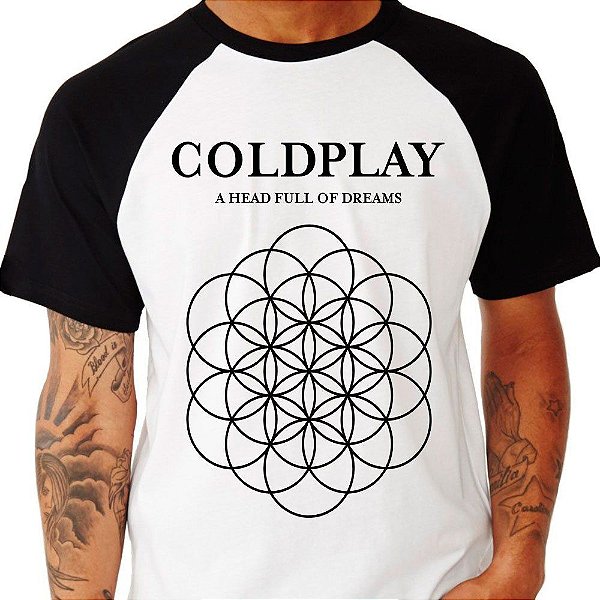 Camiseta Rock Coldplay Head Full of Dreams Raglan tamanho adulto na cor branca com mangas pretas
