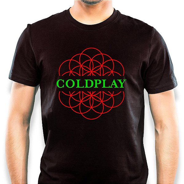 Camiseta Rock Coldplay A Head Full of Dreams Estampa Vermelha com detalhe Verde manga curta tamanho adulto na cor preta