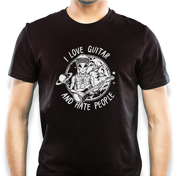 Camiseta Rock I Love Guitar and Hate People tamanho adulto com mangas curtas