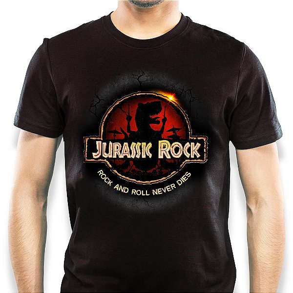 Camiseta Jurassic Rock tamanho adulto comangas curtas na cor preta