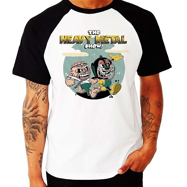 Camiseta Raglan Heavy Metal Show tamanho adulto na cor branca com mangas pretas