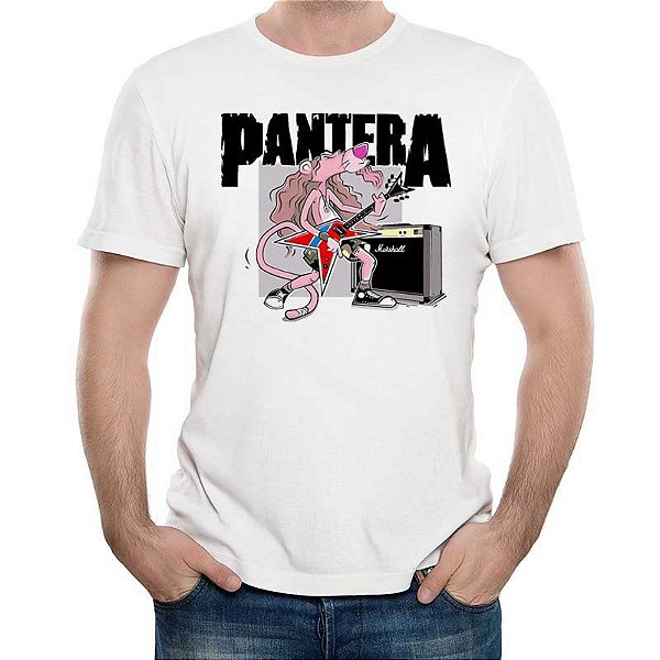 Camiseta rock Pantera Cor-de-Rosa tamanho adulto com mangas curtas na cor branca Premium