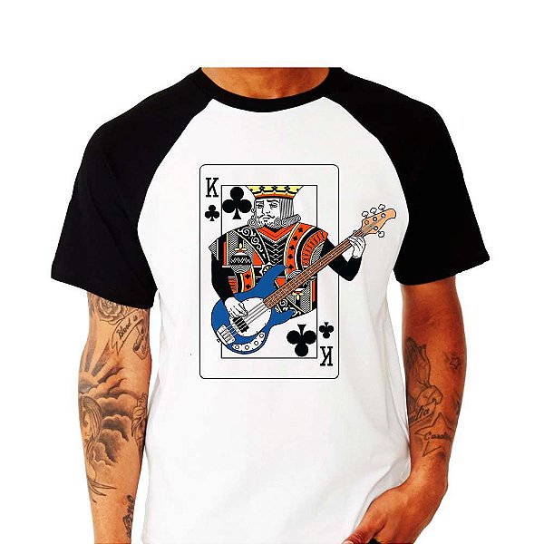 Camiseta Rock Raglan King of Bass tamanho adulto na cor branca com mangas pretas
