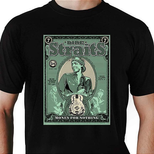 Camiseta rock Dire Straits Money for Nothing tamanho adulto com mangas curtas na cor preta