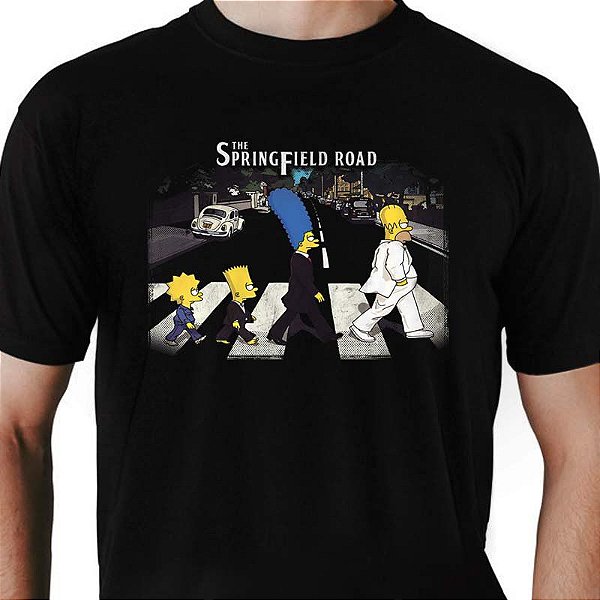 Camiseta rock The Beatles Simpsons Springfield Road tamanho adulto com mangas curtas na cor preta Premium