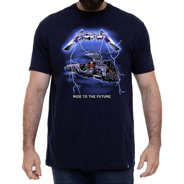 Camiseta rock Ride to the Future tamanho adulto na cor azul para adulto com mangas curtas na cor azul marinho