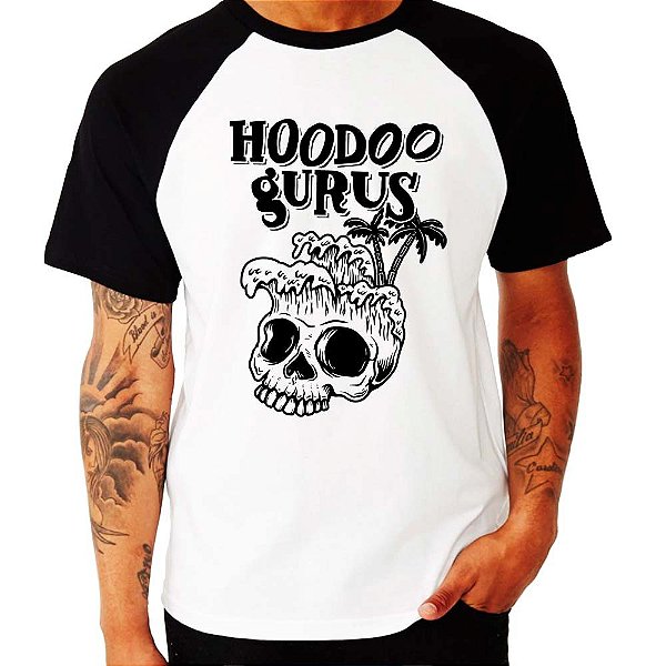 Camiseta Raglan Hoodoo Gurus branca com mangas pretas