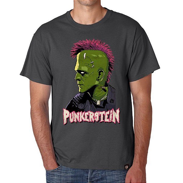 Camiseta rock Frankenstein Punk tamanho adulto com mangas curtas na cor cinza premium