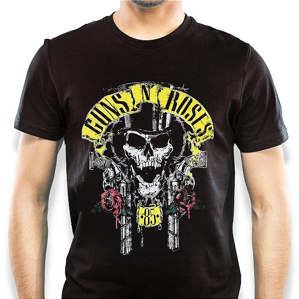 Camiseta rock Guns n Roses Slash Skull masculina tamanho adulto com mangas curtas na cor preta Classics