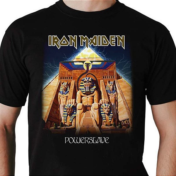 Camiseta rock Iron Maiden Powerslave masculina tamanho adulto com mangas curtas na cor preta Classics