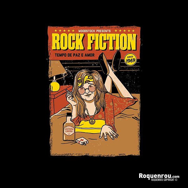 Camiseta rock Janis Joplin Rock Fiction tamanho adulto de mangas curtas na cor preta