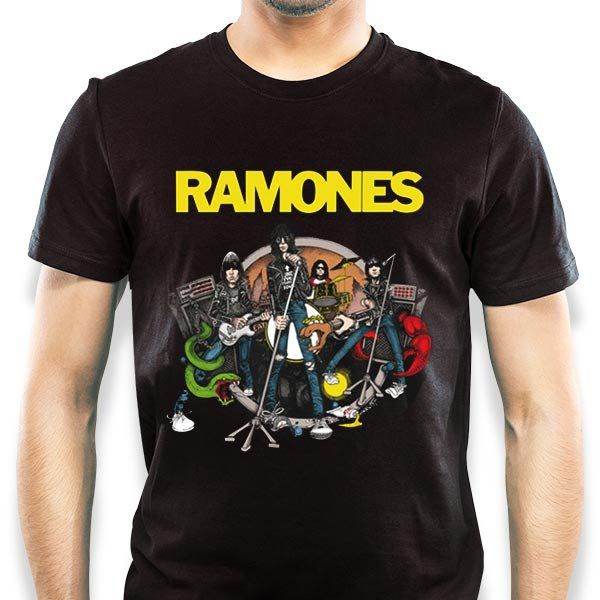 Camiseta rock Ramones Cartoon masculina tamanho adulto com mangas curtas na cor preta Classics