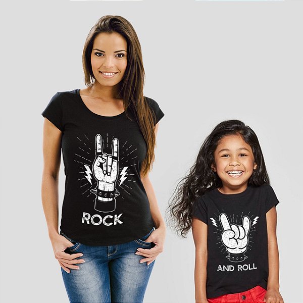 Kit Camisetas Feminina e Infantil Unissex Pretas de mangas curtas Tal mãe tal filho/filha Rock n´Roll
