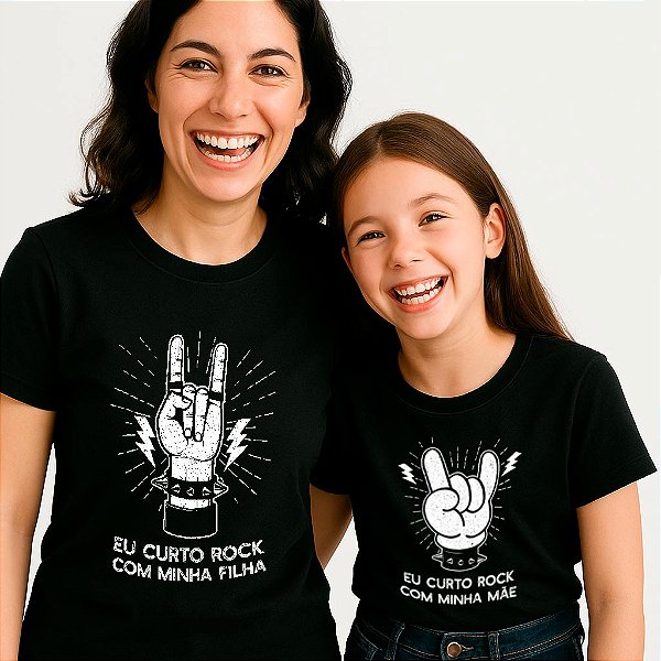 Kit Camisetas Feminina e Infantil Unissex Pretas de mangas curtas Tal mãe tal filha Eu Curto Rock com minha filha