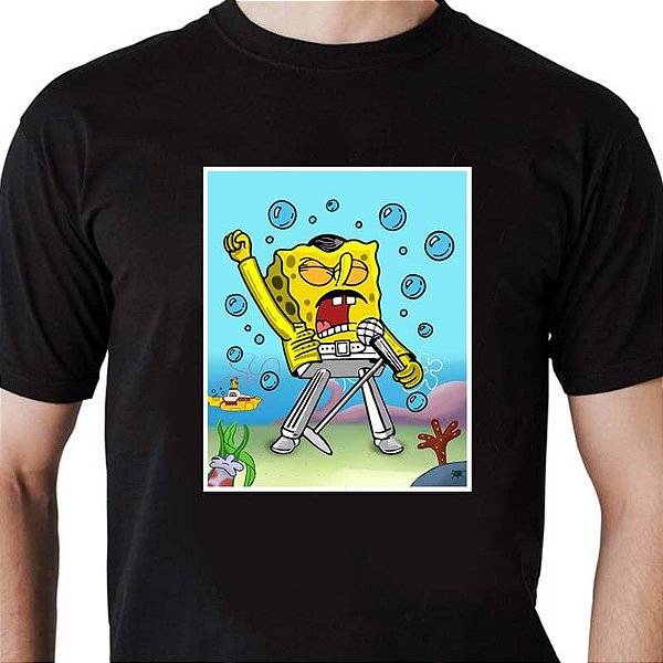 Camiseta rock Queen Bob Esponja Freddie Preta tamanho adulto com mangas curtas na cor preta  Premium