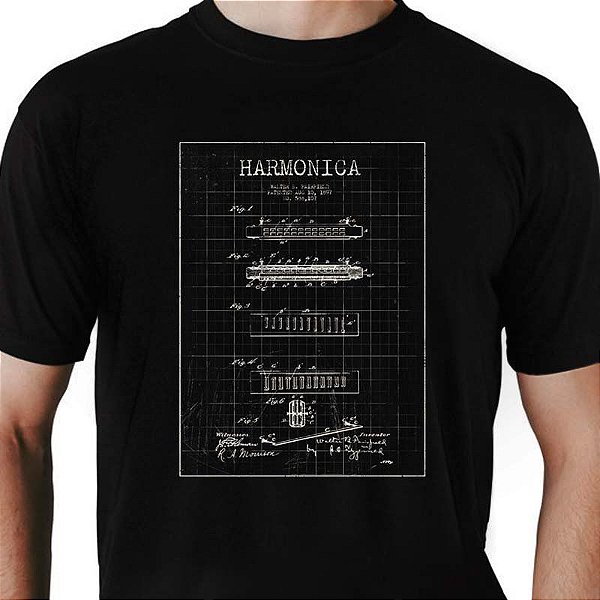 Camiseta rock Gaita Harmonica tamanho adulto com mangas curtas na cor preta