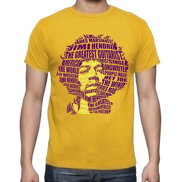 Camiseta rock Hendrix Caligrama tamanho adulto com mangas curtas na cor mostarda