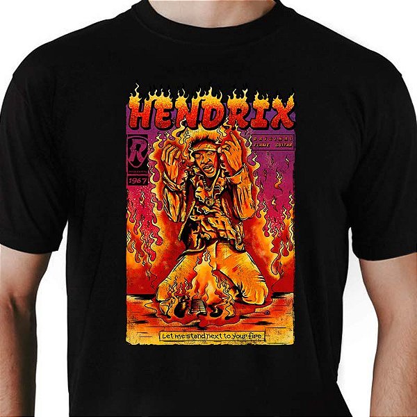 Camiseta rock Hendrix Fire 2.0 tamanho adulto com mangas curtas na cor preta Premium
