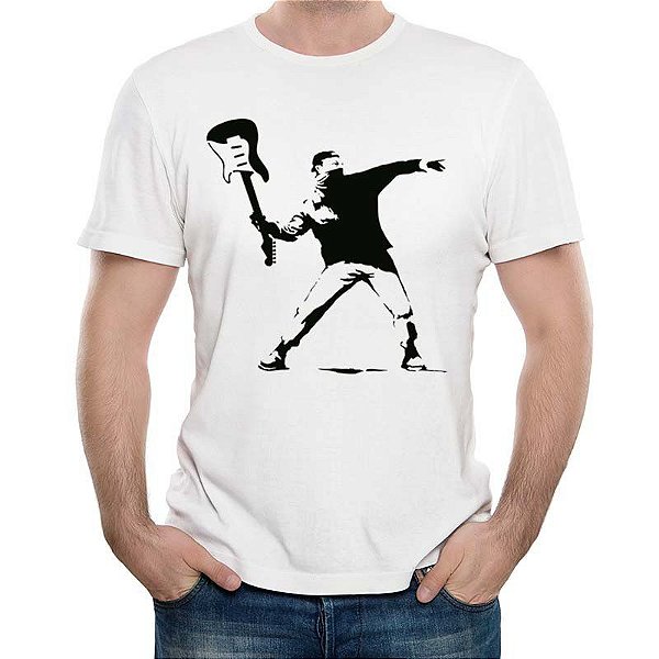 Camiseta rock Bansky tamanho adulto com mangas curtas na cor branca