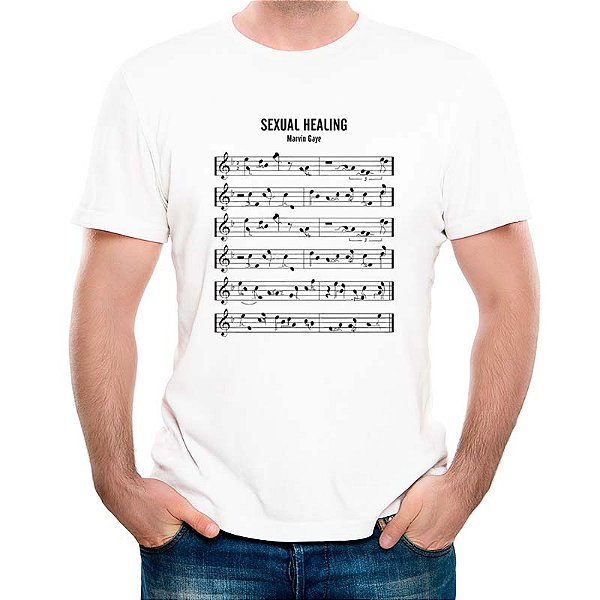 Camiseta Sexual Healing Notas Musicais tamanho adulto com mangas curtas na cor Branca Premium