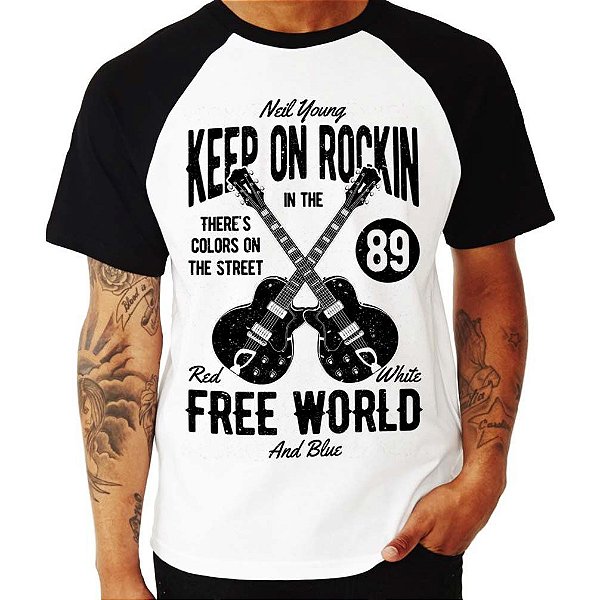 Camiseta rock Keep On Rockin in a Free World Raglan masculina tamanho adulto raglan branca com mangas pretas