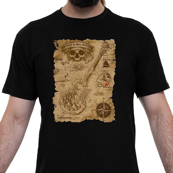 Camiseta Rock N Roll Treasure Map para adulto com mangas curtas na cor preta