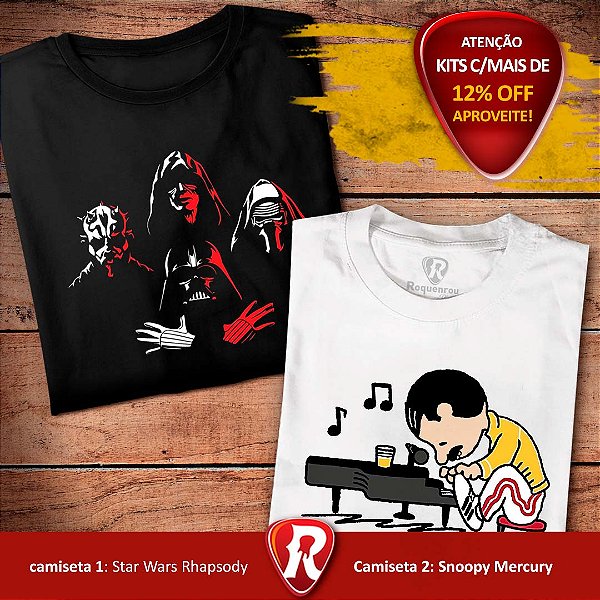 Kit 2 Camisetas premium masculinas Star Wars Rhapsody na cor preta e Snoopy Mercury Branca