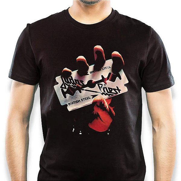 Camiseta rock Judas Priest British Steel masculina tamanho adulto com mangas curtas na cor preta Classics