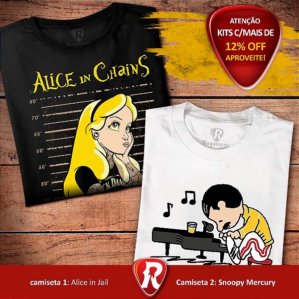 Kit 2 Camisetas Premium Alice in Jail preta masculina Snoopy Mercury branca masculina